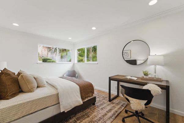 Bedroom, Interior, Recessed Lighting, Wood Texture Flooring