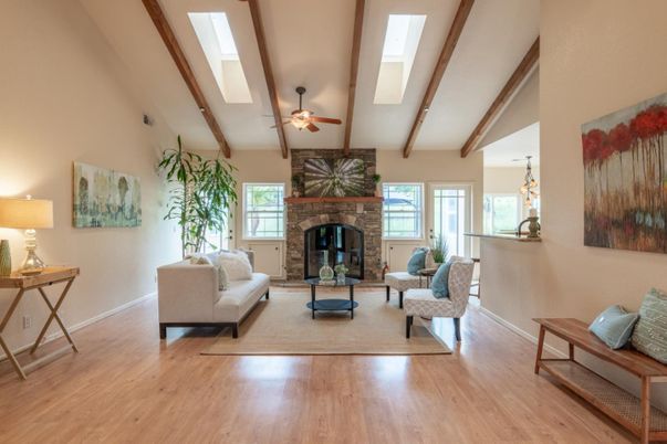 Fireplace, Interior, Living room, Wooden Beams, Wood Texture Flooring