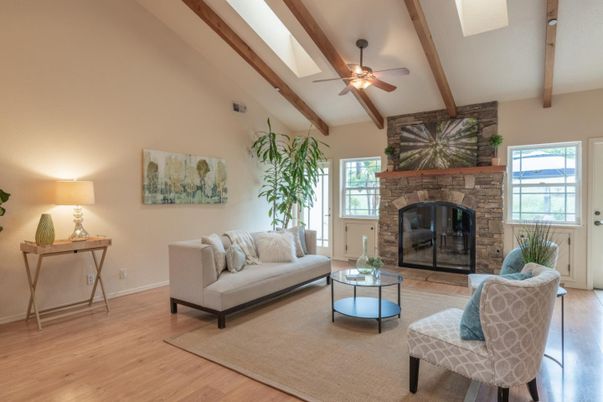 Fireplace, Interior, Living room, Stone Walls, Wooden Beams, Wood Texture Flooring