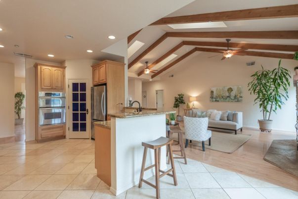 Interior, Kitchen, Living room, Recessed Lighting, Stainless Steel Appliances, Wooden Beams, Wood Texture Flooring