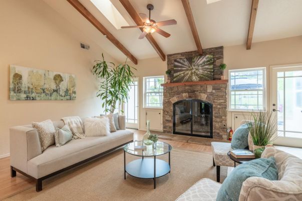 Fireplace, Interior, Living room, Stone Walls, Wooden Beams, Wood Texture Flooring