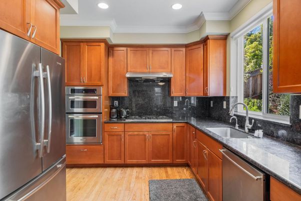 Interior, Kitchen, Recessed Lighting, Stainless Steel Appliances, Wood Texture Flooring