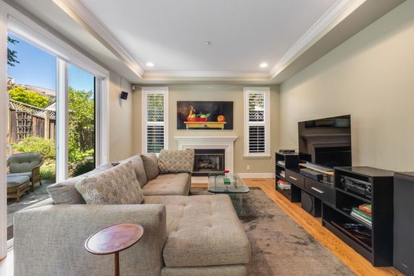 Fireplace, Interior, Living room, Recessed Lighting, Wood Texture Flooring