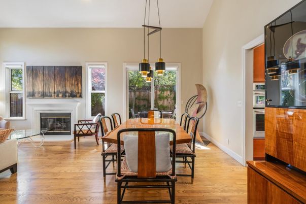 Dining room, Fireplace, Interior, Pendant Lights, Wood Texture Flooring