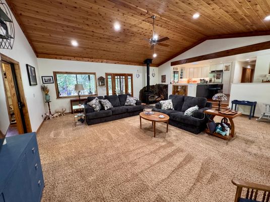 Fireplace, Interior, Kitchen, Living room, Pendant Lights, Recessed Lighting, Wooden Ceilings