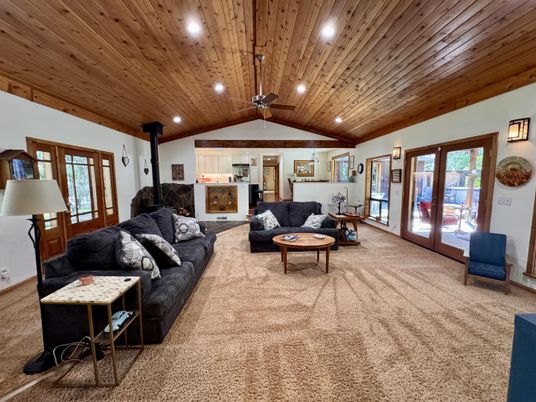 Fireplace, Interior, Living room, Recessed Lighting, Wooden Ceilings