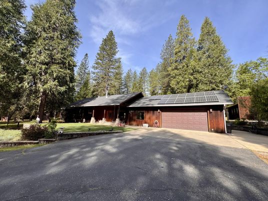 Attached, Exterior, Facade, Brick Facade, Solar Panels, Log Home