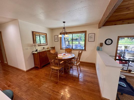 Dining room, Interior, Pendant Lights, Wooden Beams, Wooden Ceilings, Wood Texture Flooring