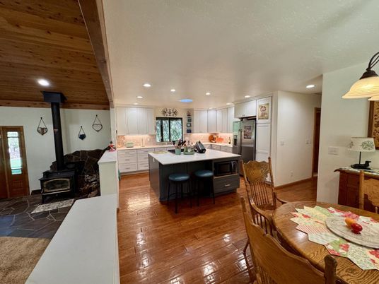 Dining room, Fireplace, Interior, Kitchen, Recessed Lighting, Wooden Beams, Wooden Ceilings, Wood Texture Flooring