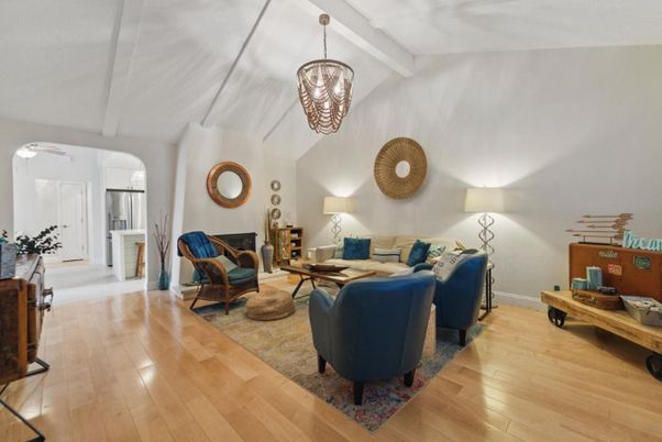Fireplace, Interior, Living room, Pendant Lights, Wood Texture Flooring