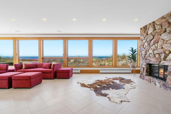 Fireplace, Interior, Living room, Recessed Lighting, Stone Walls, Water