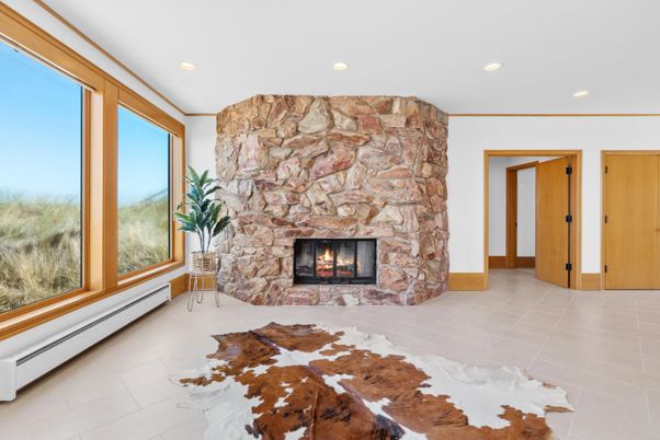 Fireplace, Interior, Recessed Lighting, Stone Walls