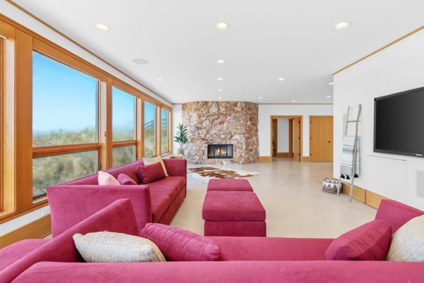 Fireplace, Interior, Living room, Recessed Lighting, Stone Walls
