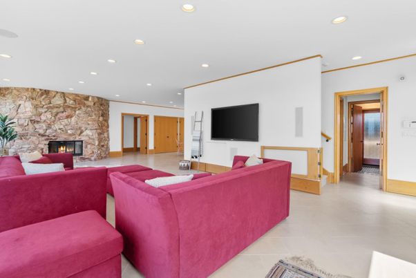 Fireplace, Interior, Living room, Recessed Lighting, Stone Walls