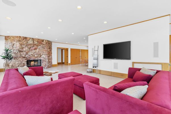 Fireplace, Interior, Living room, Recessed Lighting, Stone Walls