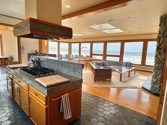 Dining room, Interior, Kitchen, Living room, Recessed Lighting, Water, Wood Texture Flooring