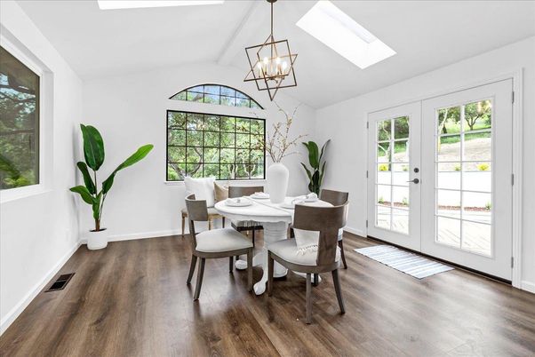 Dining room, Interior, Pendant Lights, Wood Texture Flooring