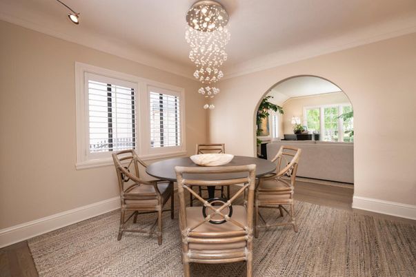Dining room, Interior, Pendant Lights, Wood Texture Flooring