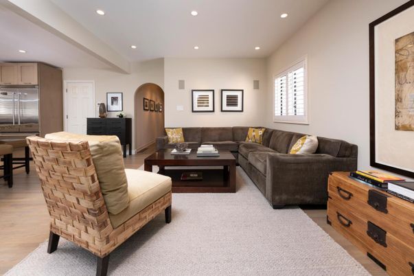 Interior, Kitchen, Living room, Recessed Lighting, Stainless Steel Appliances, Wood Texture Flooring