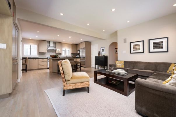 Interior, Kitchen, Living room, Recessed Lighting, Stainless Steel Appliances, Wood Texture Flooring