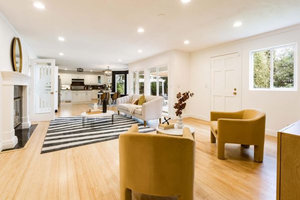 Fireplace, Interior, Kitchen, Living room, Pendant Lights, Recessed Lighting, Wood Texture Flooring