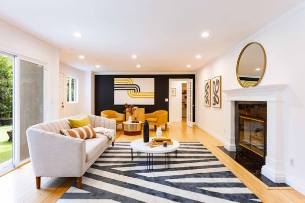 Dining room, Fireplace, Interior, Living room, Recessed Lighting, Wood Texture Flooring