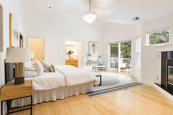 Bedroom, Chandelier, Fireplace, Interior, Recessed Lighting, Wood Texture Flooring