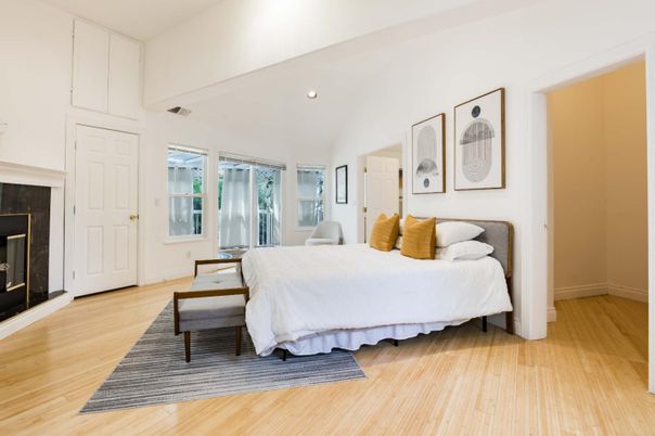 Bedroom, Fireplace, Interior, Recessed Lighting, Wood Texture Flooring