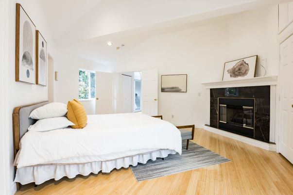 Bedroom, Fireplace, Interior, Recessed Lighting, Wood Texture Flooring