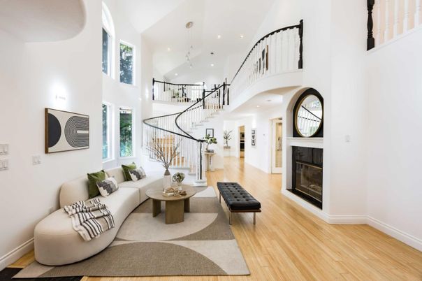 Fireplace, Interior, Living room, Pendant Lights, Recessed Lighting, Wood Texture Flooring