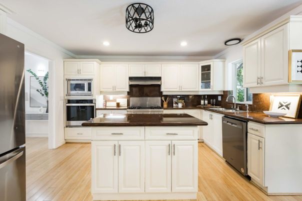 Interior, Kitchen, Recessed Lighting, Stainless Steel Appliances, Wood Texture Flooring