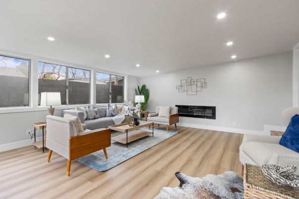 Fireplace, Interior, Living room, Recessed Lighting, Wood Texture Flooring