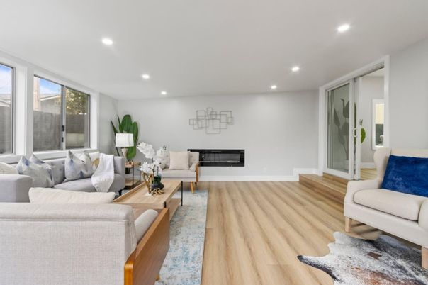Fireplace, Interior, Living room, Recessed Lighting, Wood Texture Flooring