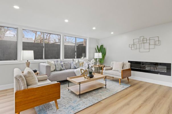 Fireplace, Interior, Living room, Recessed Lighting, Wood Texture Flooring