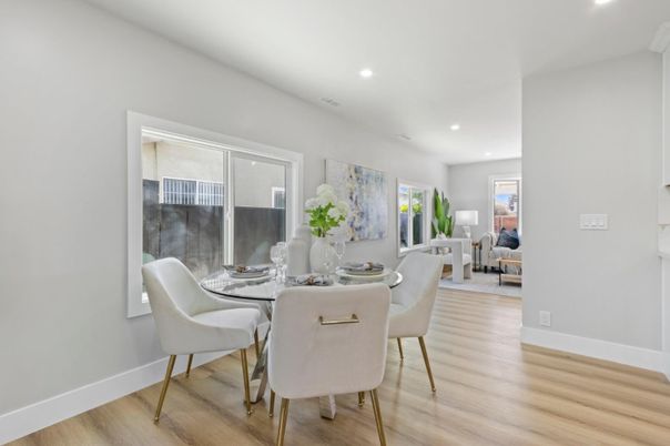 Dining room, Interior, Recessed Lighting, Wood Texture Flooring