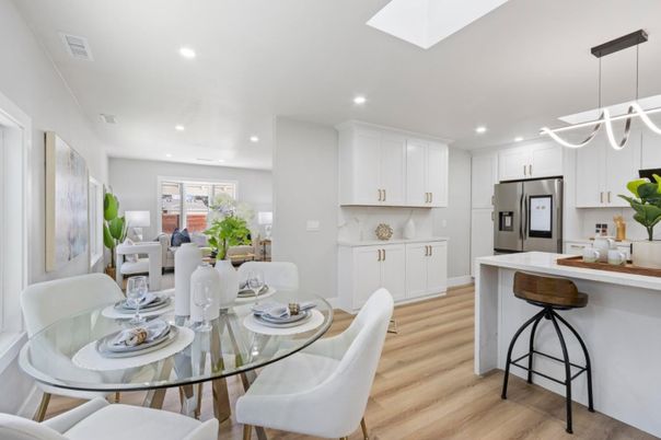 Dining room, Interior, Kitchen, Living room, Pendant Lights, Recessed Lighting, Stainless Steel Appliances, Wood Texture Flooring