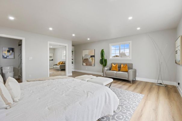 Bedroom, Interior, Recessed Lighting, Wood Texture Flooring