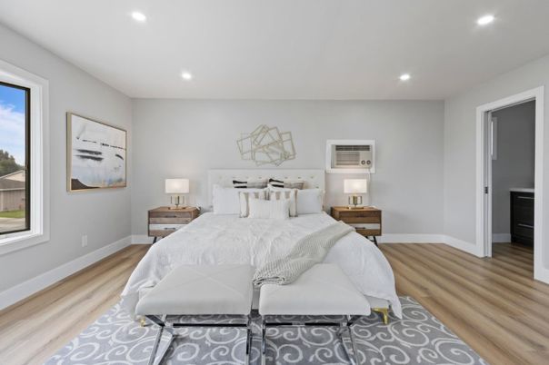 Bedroom, Interior, Recessed Lighting, Wood Texture Flooring