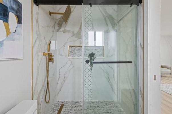Bathroom, Glass Shower, Interior, Marble Walls, Wood Texture Flooring