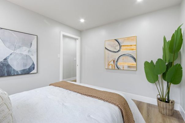 Bedroom, Interior, Recessed Lighting, Wood Texture Flooring