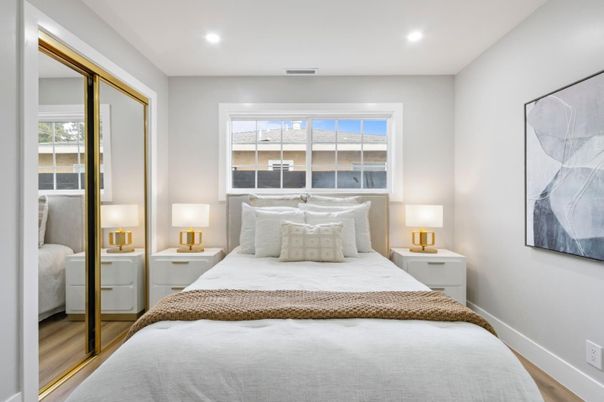 Bedroom, Interior, Recessed Lighting, Wood Texture Flooring