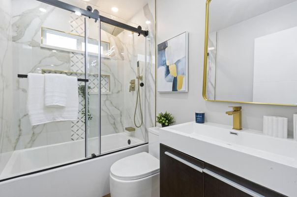 Bathroom, Glass Shower, Interior, Marble Walls, Recessed Lighting