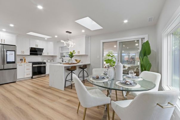 Dining room, Interior, Kitchen, Pendant Lights, Recessed Lighting, Stainless Steel Appliances, Wood Texture Flooring