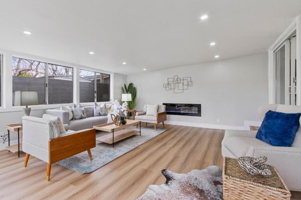 Fireplace, Interior, Living room, Recessed Lighting, Wood Texture Flooring