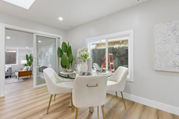 Dining room, Interior, Recessed Lighting, Wood Texture Flooring