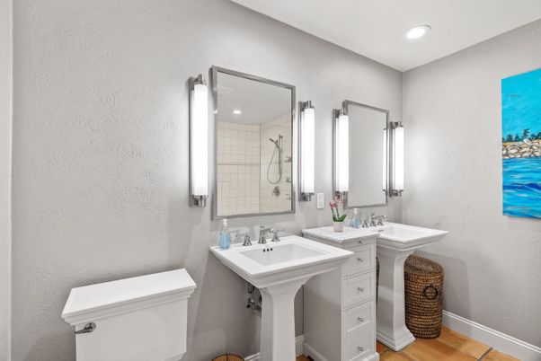 Bathroom, Dual Sink Vanities, Interior, Recessed Lighting, Wood Texture Flooring