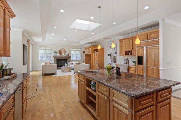 Fireplace, Interior, Kitchen, Living room, Pendant Lights, Recessed Lighting, Wood Texture Flooring