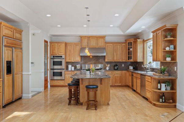 Interior, Kitchen, Pendant Lights, Recessed Lighting, Stainless Steel Appliances, Wood Texture Flooring