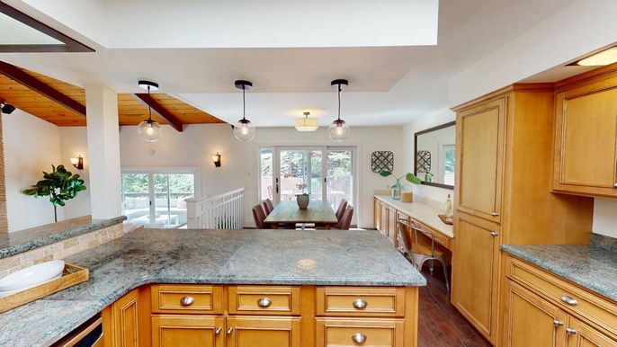 Dining room, Interior, Pendant Lights, Wooden Beams, Wooden Ceilings, Wood Texture Flooring