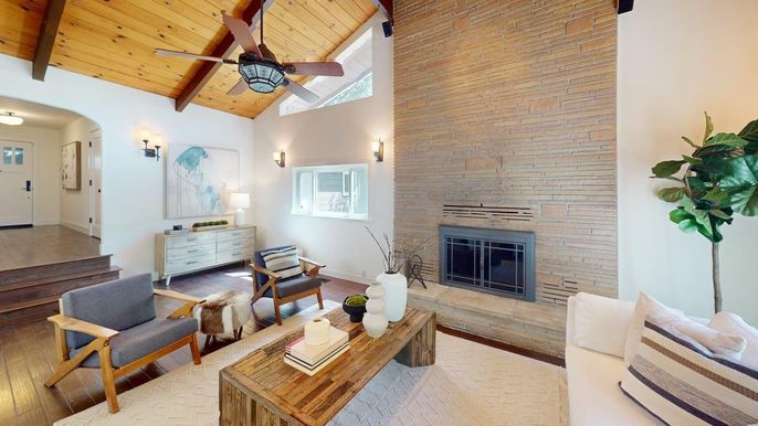 Fireplace, Interior, Living room, Stone Walls, Wooden Beams, Wooden Ceilings, Wood Texture Flooring